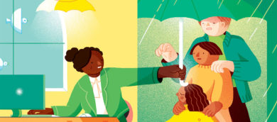 Woman holding an umbrella over a family