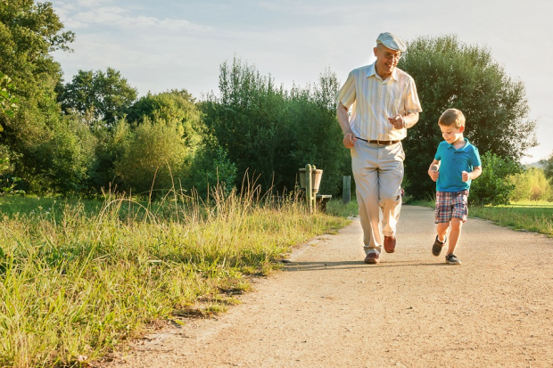 Man and grandson running