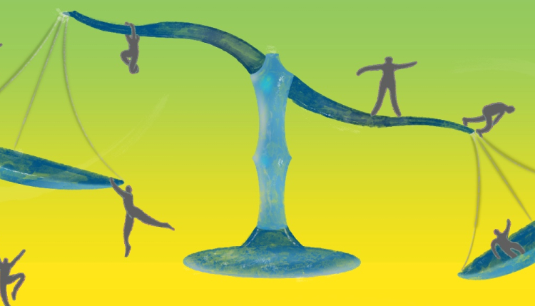 People balancing on a large scale